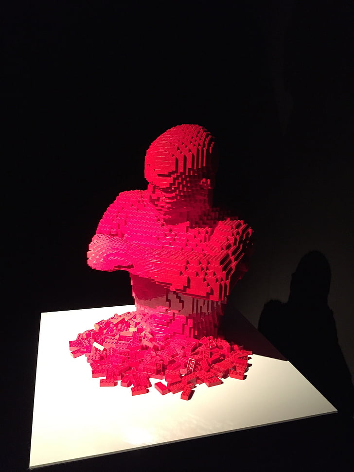 thinking, lego, red, sculpture, art, upper body