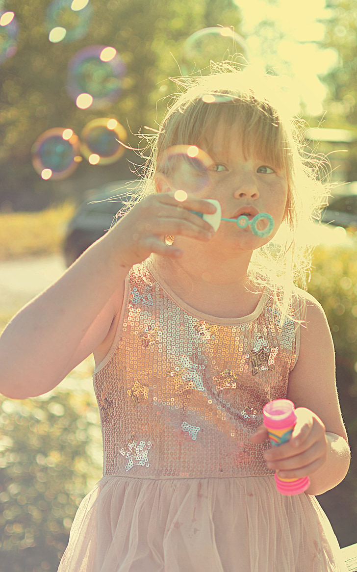 girl, soap bubbles, summer, children, ballons