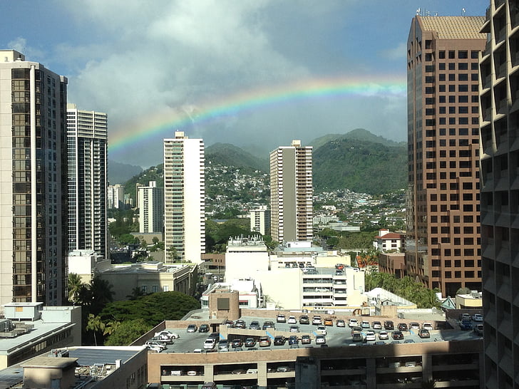 Honolulu, escritório, arco-íris, Havaí, Oahu, cidade, paraíso