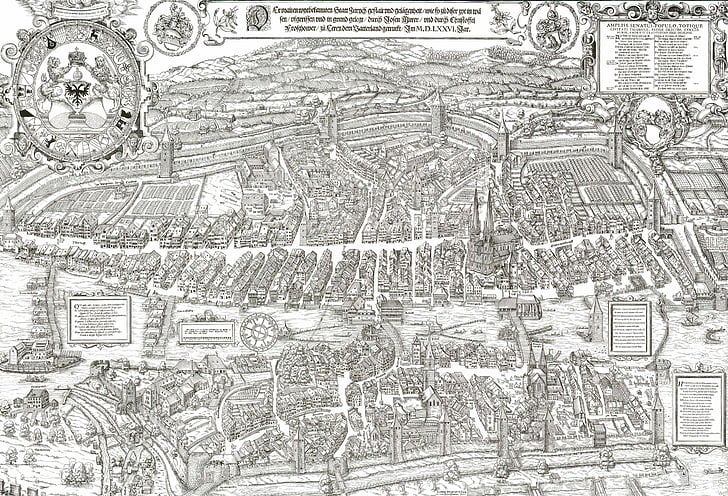 xilogravura, cidade, mapa, Zurique, murerplan, Suíça, 1576