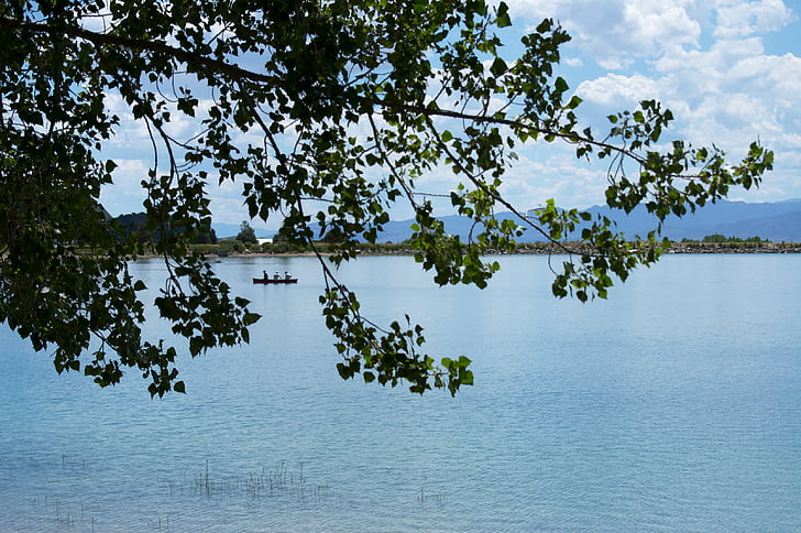 lake, canoe, leaves, blue, clouds, sky, nature