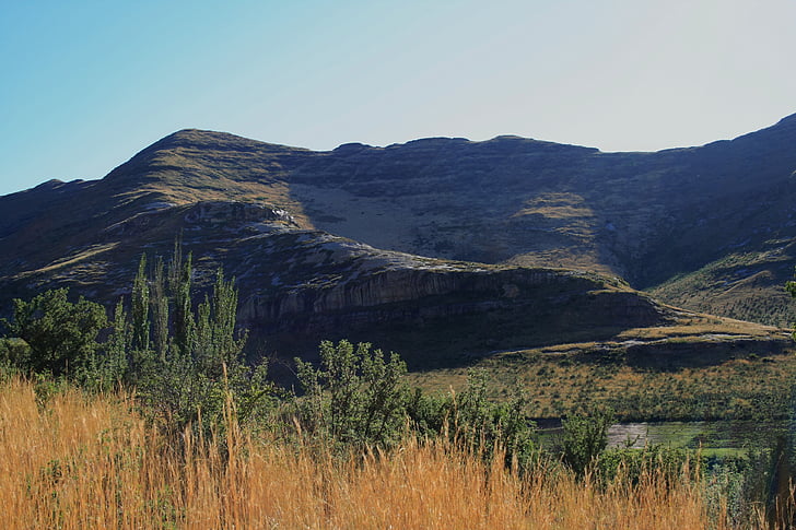 mountains, light and shadow, folds, slopes, trees, grass, veld
