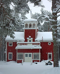 finland, building, church, winter, snow, trees, storm