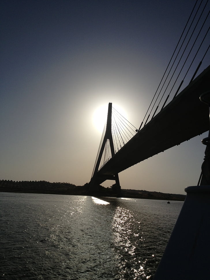 bridge international, guadiana river, river, sky, water, sunset, spain