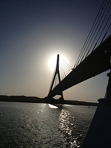 Uluslararası köprü, Guadiana Nehri, nehir, gökyüzü, su, günbatımı, İspanya