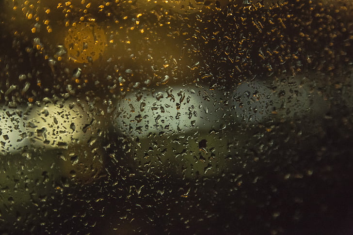 Bokeh, langas, lietus, naktį, žibintai, lašai, lašeliai