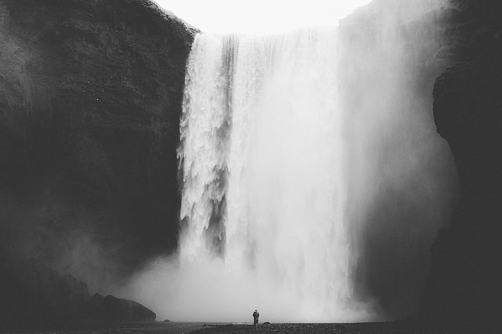 black-and-white, man, river, waterfall