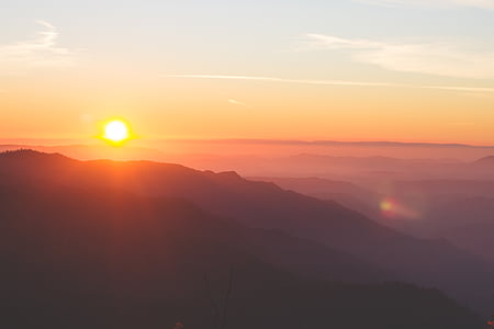 fog, mountain range, nature, silhouette, sun, sunrise, sunset
