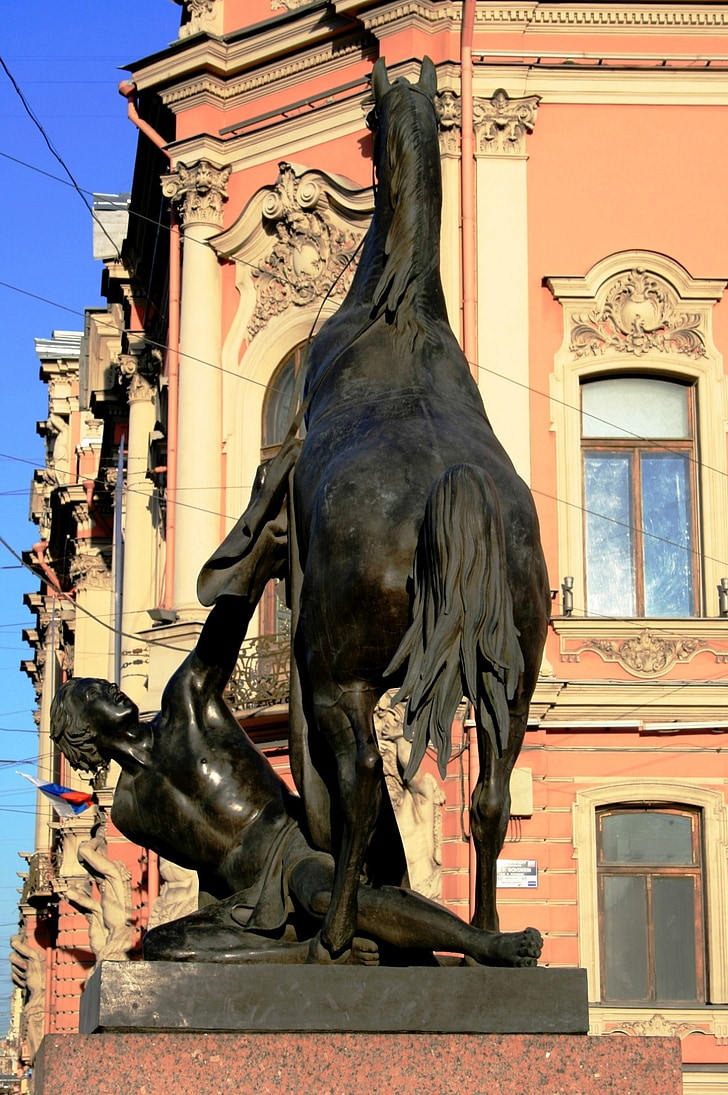statue, equestrian, man, breaking horse, buildings, sky, blue