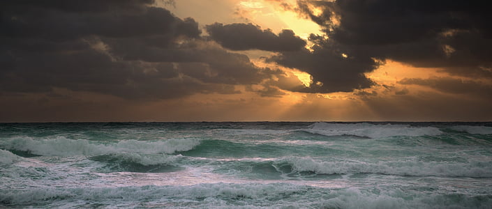Ocean, vlny, more, vody, Horizon, západ slnka, Sunrise