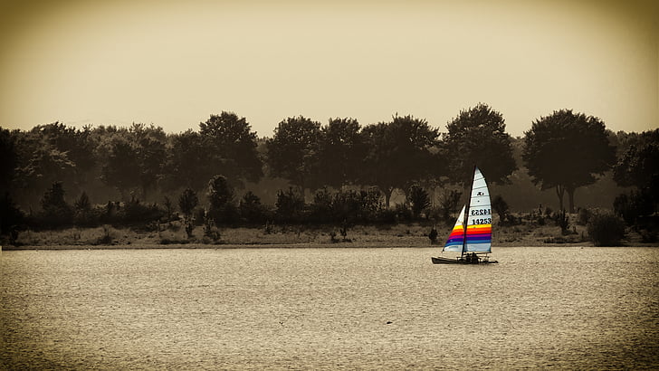 sail, lake, water, wind, sepia, sailing boat, boot