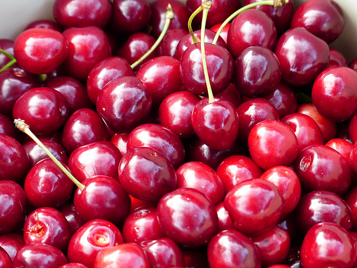 Cherry, Sweet cherry, röd, frukt, friska, lämnar, gren
