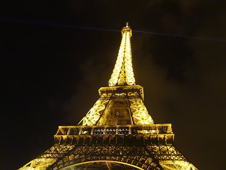 Eiffeltårnet, nat, belyst, turisme, glinsende