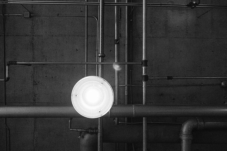 black-and-white, factory, industry, lamp, pipes, warehouse, equipment