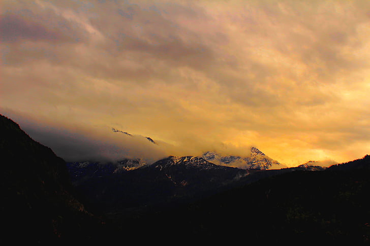 sagoma, montagna, nuvole, montagne, tramonto, senza persone, cielo