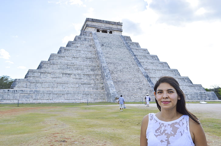 pyramid, maya, mexican, girl, mexico, tourism, architecture