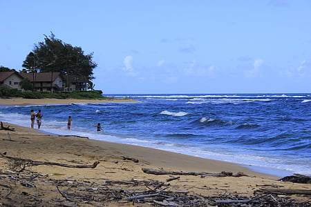 hanalei, Kauai, Hawaii, pludmale, jūra, okeāns, viļņi