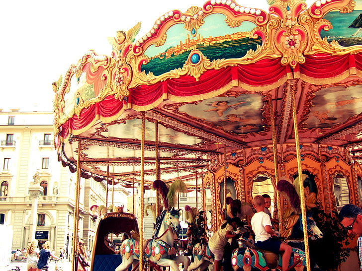 merry-go-round, kids, children, ride, fun, horses, people