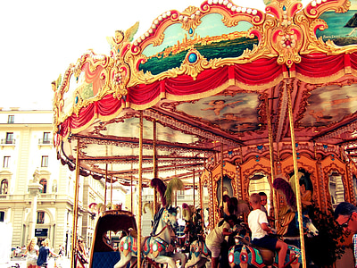 karuselis, bērniem, bērniem, braukt, jautri, zirgi, cilvēki