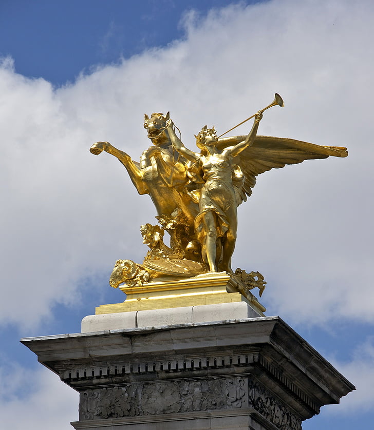 Paris, França, céu, nuvens, estátua, Monumento, dourado