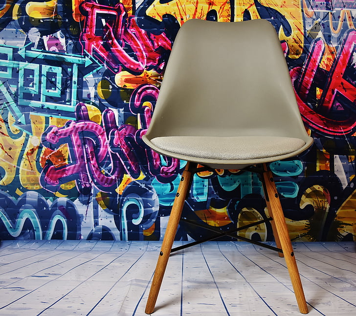 Graffiti, mur, coloré, art de la rue, chaise, moderne, peinture murale