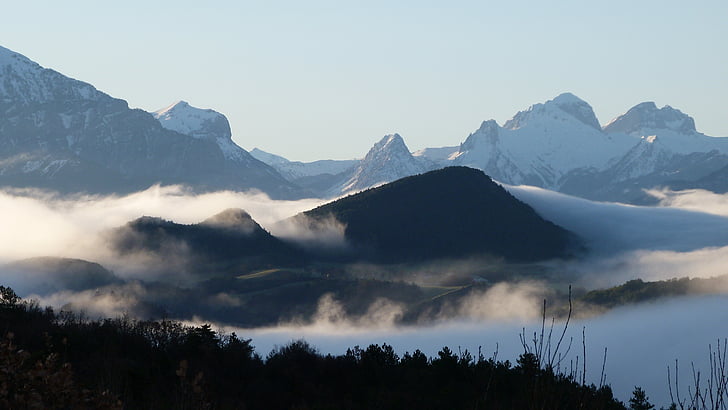 landscape, alps, mountains, mist, morning, spring, panorama