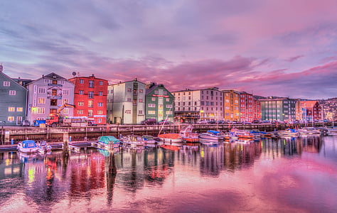 norway, trondheim, old town, harbor, sunrise, reflection, water