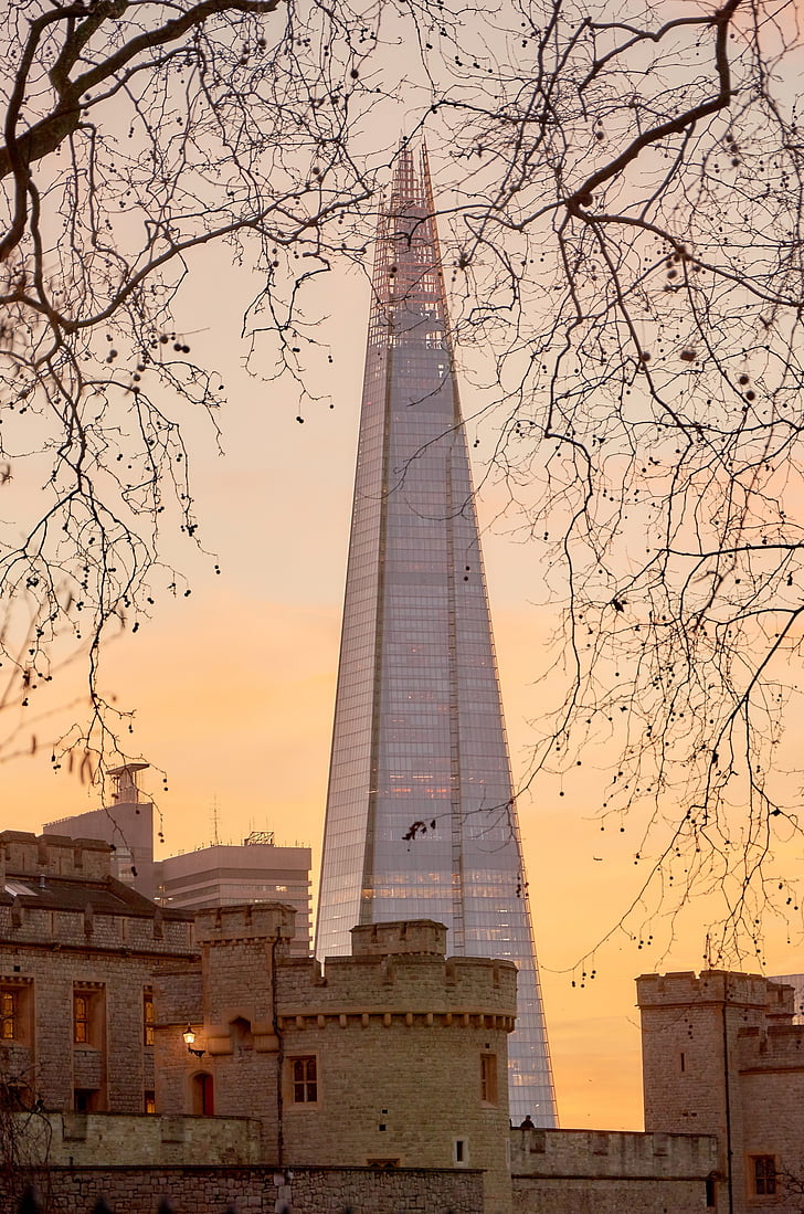 Tower of london, shard, zachód słońca, atrakcje turystyczne, Anglia, Drapacz chmur, szyba ze szkła
