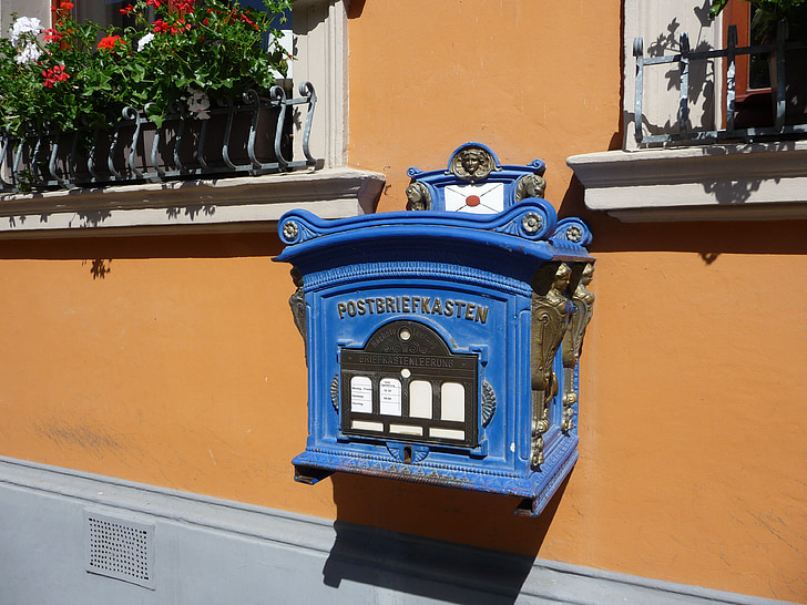 brevlåda, historiskt sett, blå, metall, Mecklenburg-Vorpommern