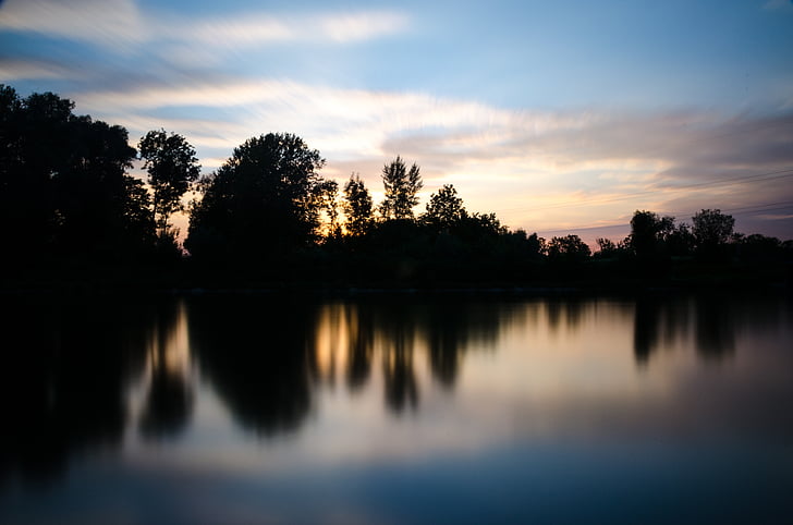 silueta, jezero, stromy, Zimní, podzim, čas, pohyb
