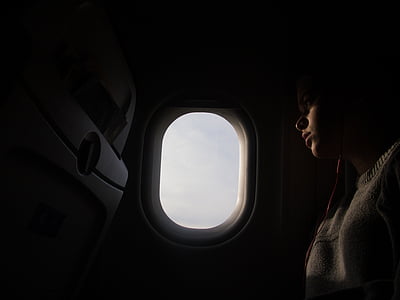 photo, person, near, airplane, window, traveller, transportation