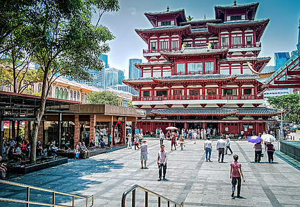 Ķīnas pilsētā, Singapūra, Āzijas valodu, templis, cilvēki, iepirkšanās, ēka