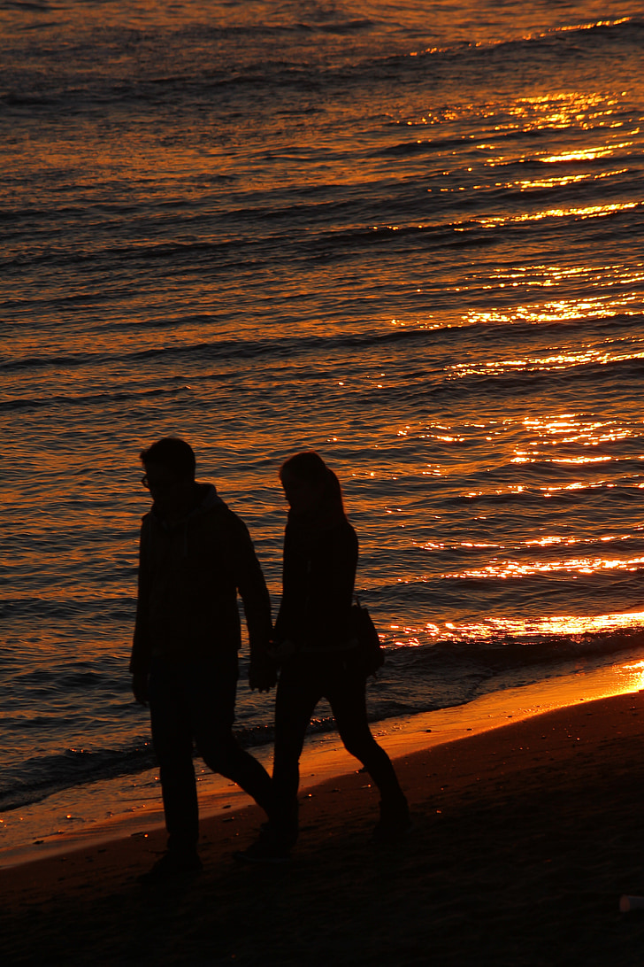 silhouette, sea, sunset, summer, couple