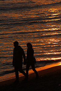 silhouette, sea, sunset, summer, couple