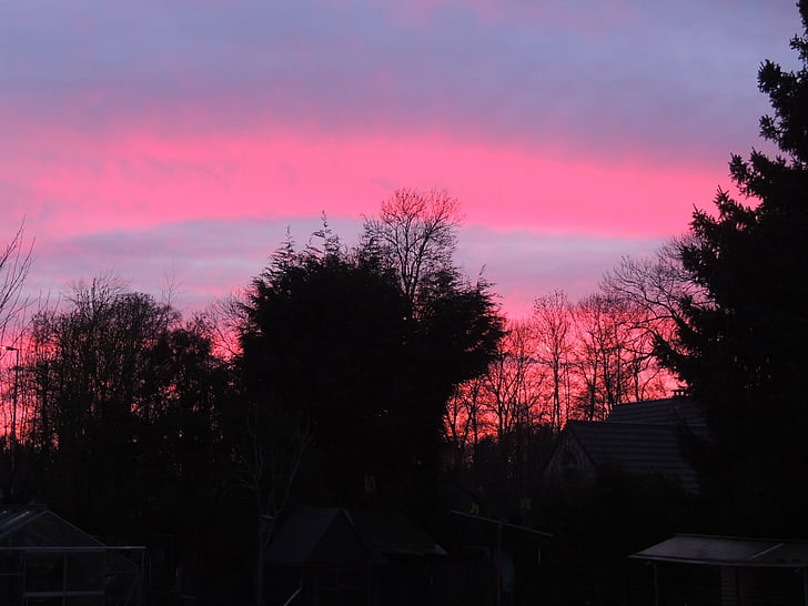Sunset, rød, aften, Pink, Sky, Twilight, Village