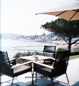Chill, rilassarsi, caffè, sedia, tavolo, ombrello, spiaggia