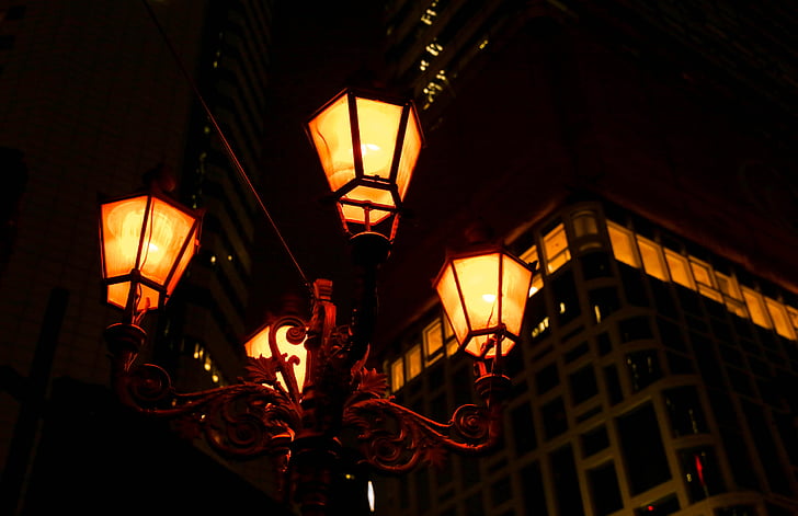 освещение, уличные фонари, ночь, город, вечером, свет, атмосфера