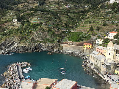 Vernazza, Cinque terre, Liguria, gökyüzü, Porto, tekne, evleri