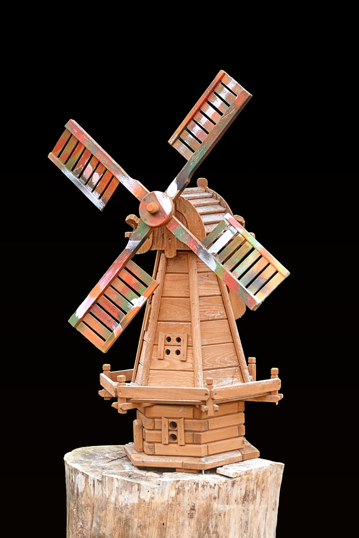дървен модел, вятърна мелница, мелница, Деко, декорация, черен фон, дърво - материал