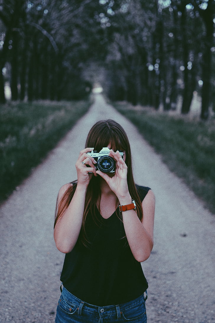 camera, grass, outdoors, person, photographer, road, trees