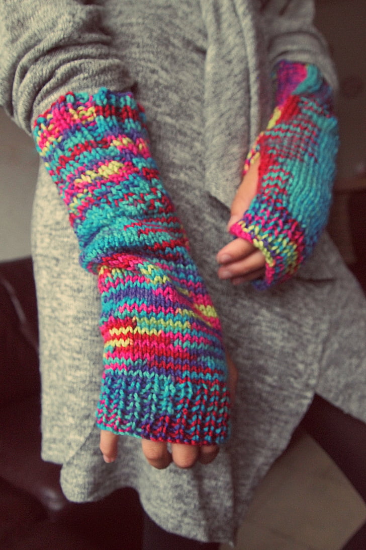 gloves, fingers, knitting, winter, wool, mixed, coloured
