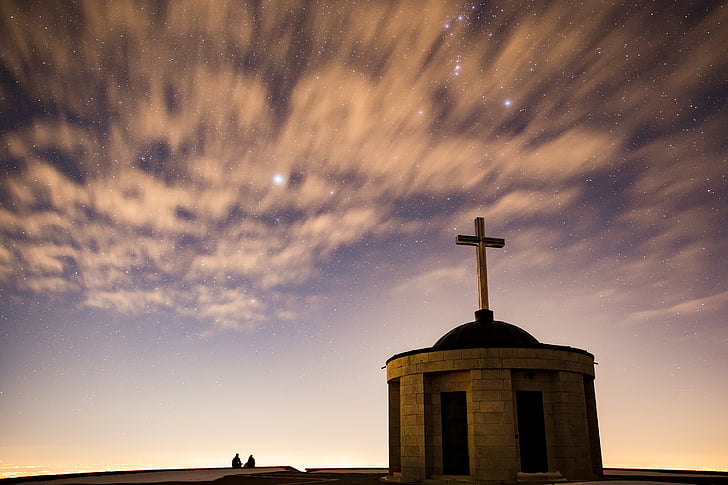 bâtiment, Église, nuages, gens, Sky, étoiles, Time-lapse