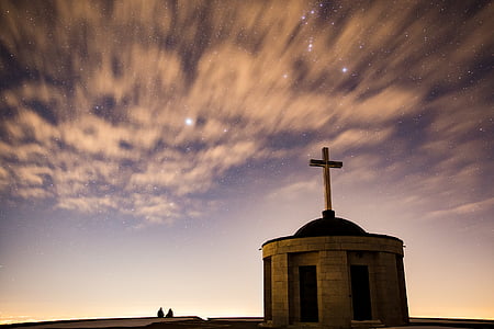 building, church, clouds, people, sky, stars, time lapse
