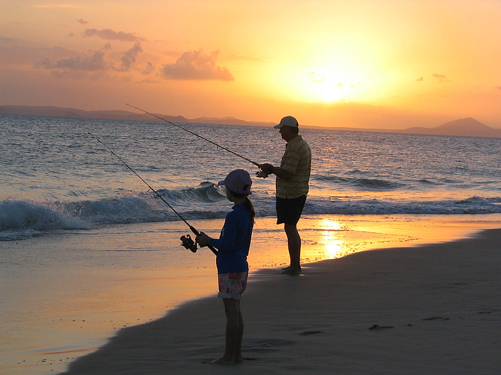 halászati, apja, lánya, naplemente, sziget nagy képpel, türelem, horgászbot