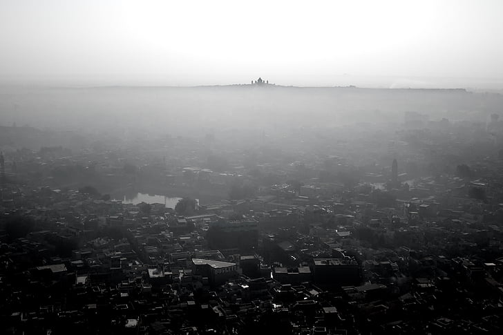 aerial, view, houses, city, black and white, amp, fog