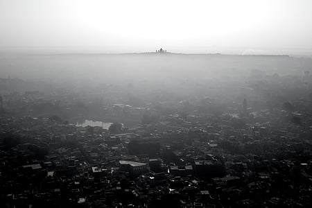 chụp từ trên không, Xem, nhà ở, thành phố, màu đen và trắng, amp, sương mù
