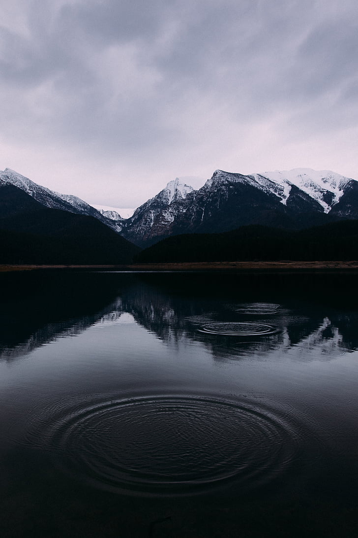 three, water, ripples, beside, snowy, mountain, cloudy