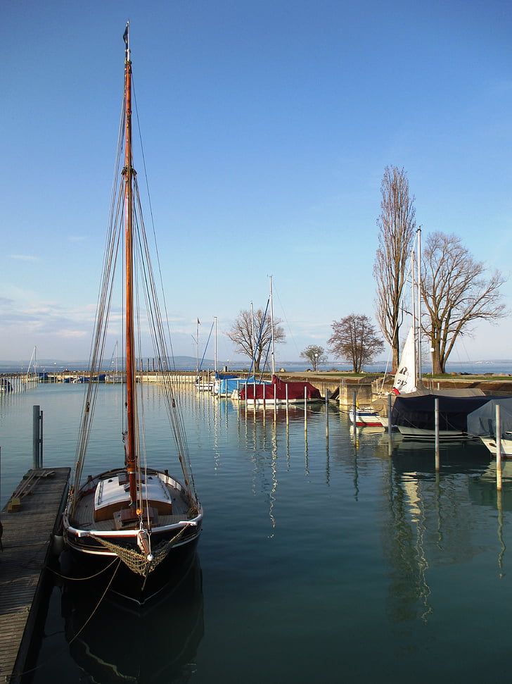 ship, sailing vessel, einmaster, beautiful, wooden mast, boat harbour, lake constance