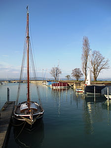 loď, plachetnice, einmaster, krásny, drevené stožiar, prístav pre lode, Bodamské jazero