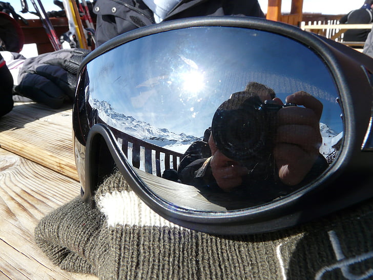очила, Отразявайки, огледало, очила, снимка, отражение, Каране на ски